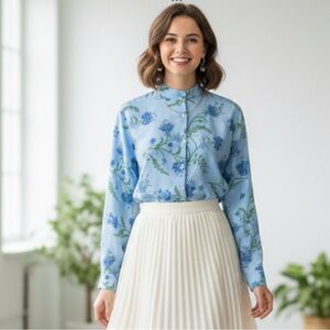 Rose Room NYC Silk Powder Blue Floral Long Sleeve Button Down Blouse Size XS